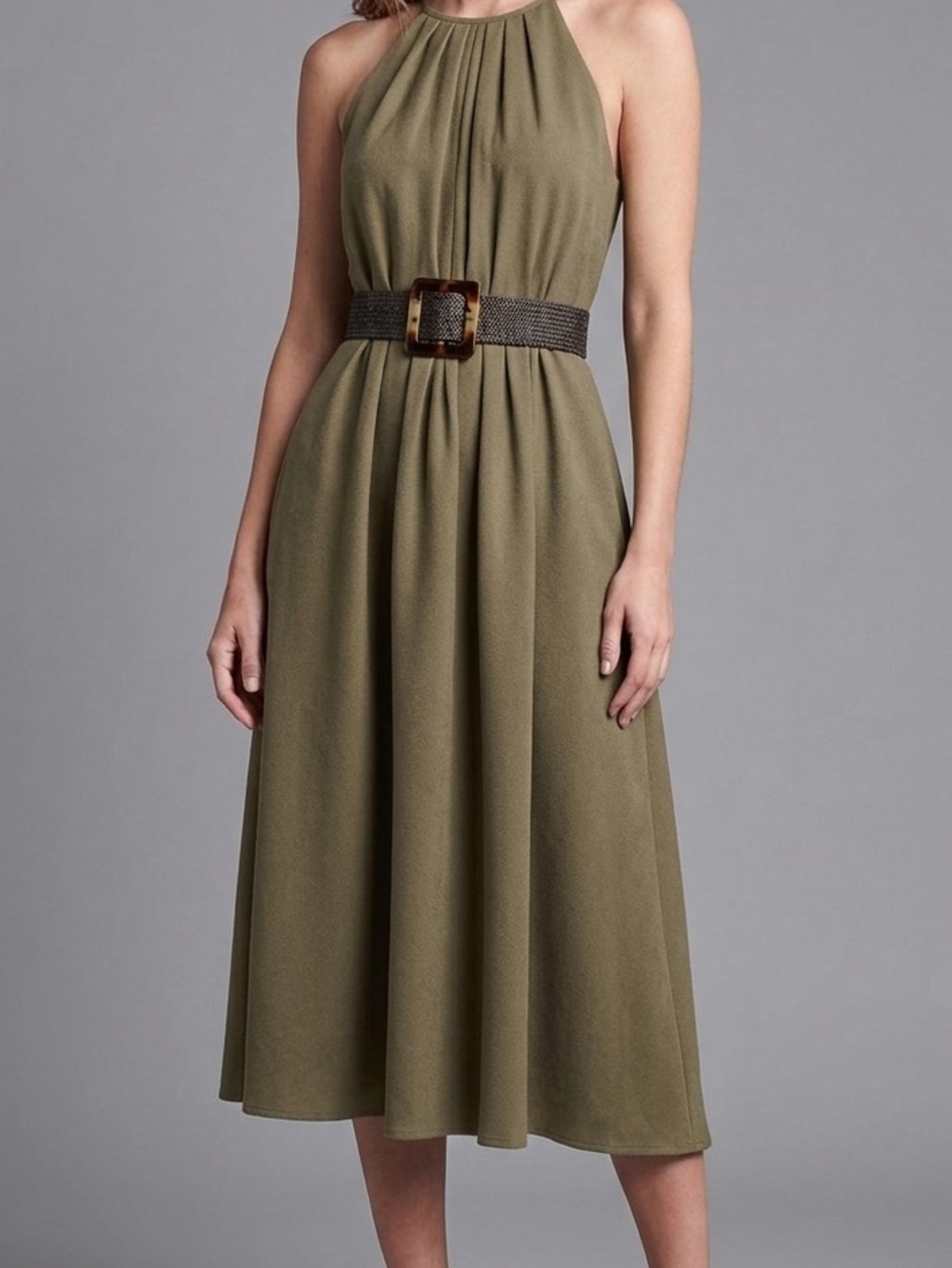 DKNY sleeveless dress features a halter neckline